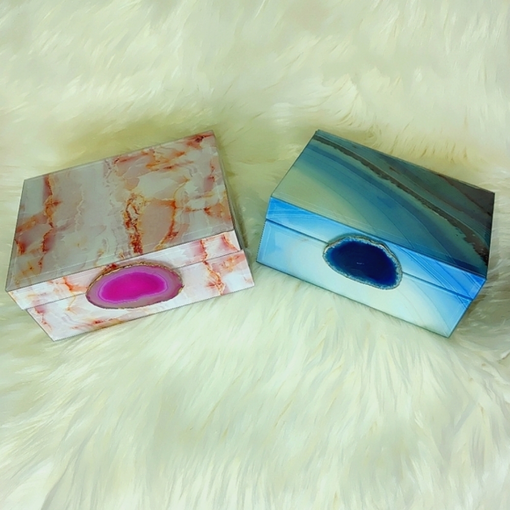 Agate slice jewelry box storage organizer box with lid pink blue stone crystal